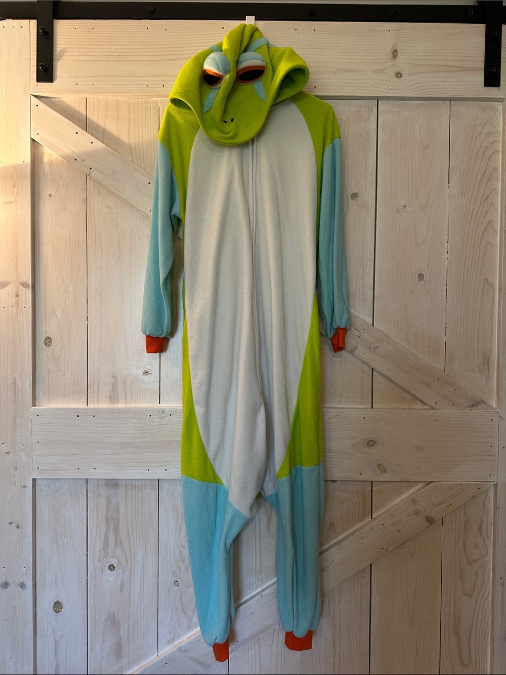Frog Onesie Costume in Lime, Light Blue & White size small adult